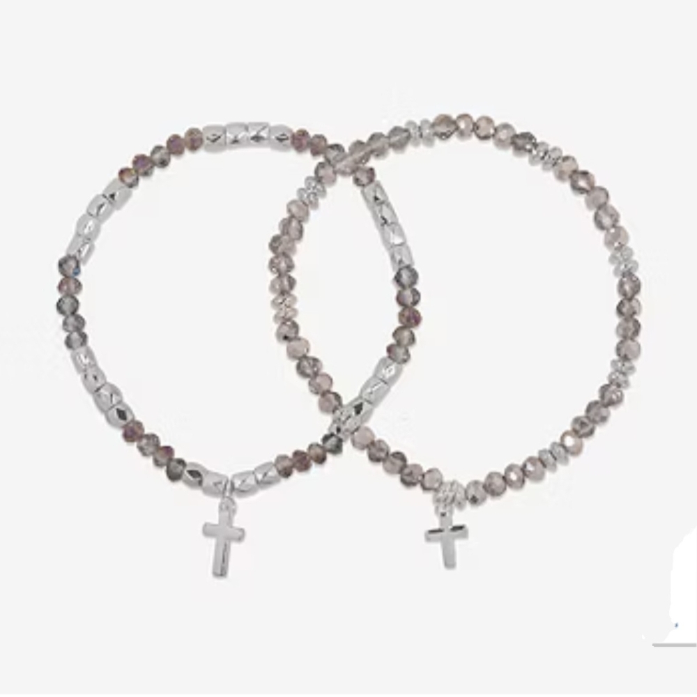 🆕BIJOUX BAR 2 pc Cross Silver Stretch Bracelet Set